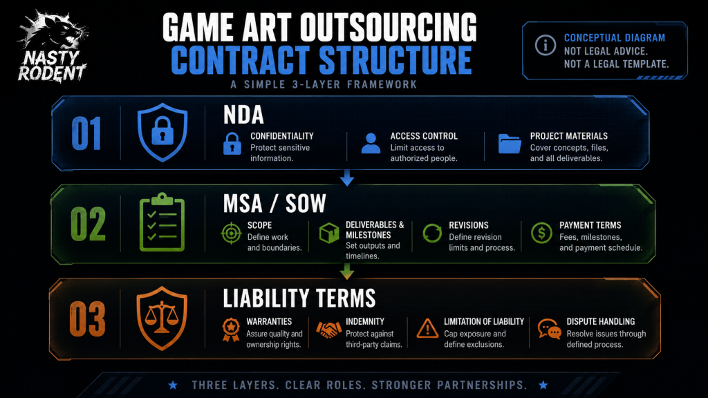 Game art outsourcing contract structure: NDA, IP assignment, and liability clauses