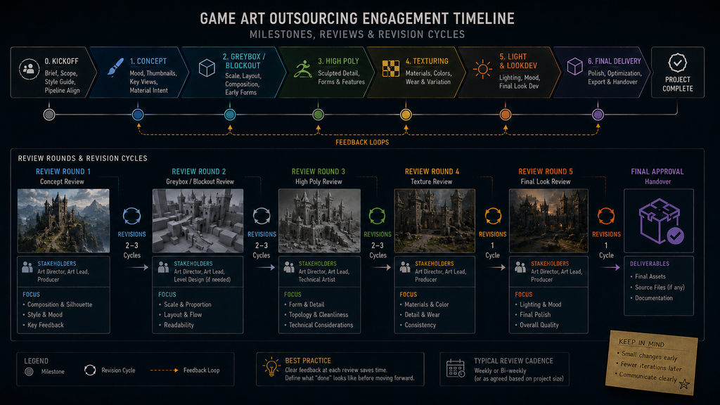Editorial illustration of a milestone timeline showing review rounds and revision cycles in a game art outsourcing engagement