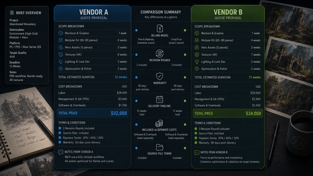 Two game art outsourcing quotes compared side by side for the same brief