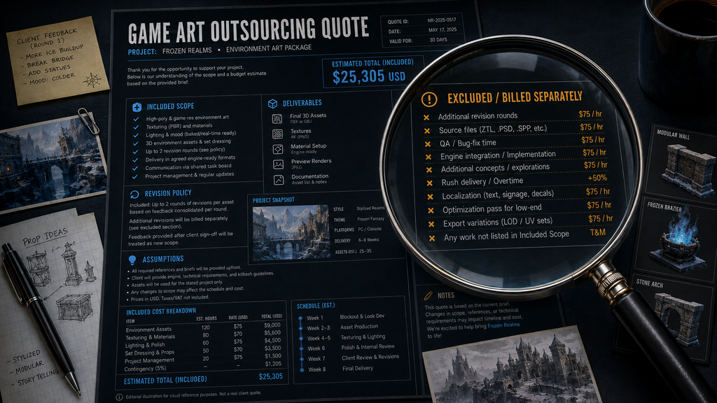 Editorial illustration of a project quote document with a magnifying glass highlighting excluded line items in game art outsourcing