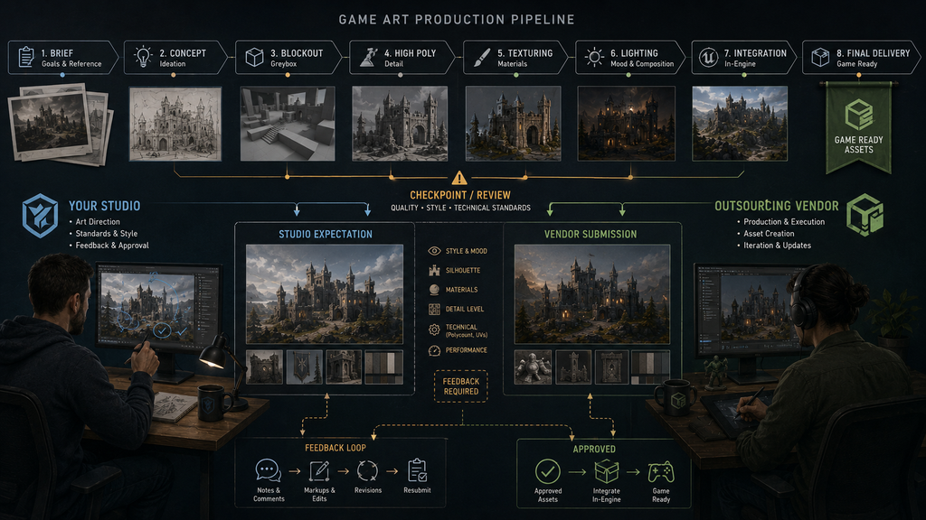 Editorial diagram illustrating a game art production pipeline breaking down at a review checkpoint between studio and outsourcing vendor