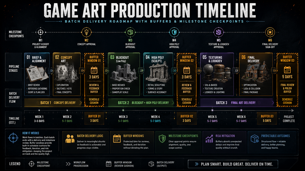 Editorial illustration of a game art production timeline with milestone checkpoints and buffer periods marked between delivery batches