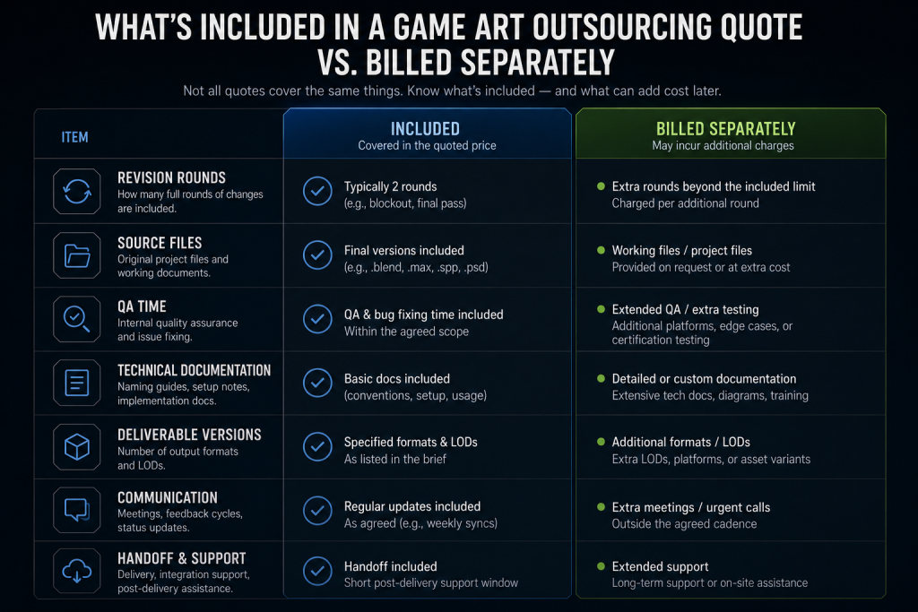 What's included in a game art outsourcing quote versus billed separately