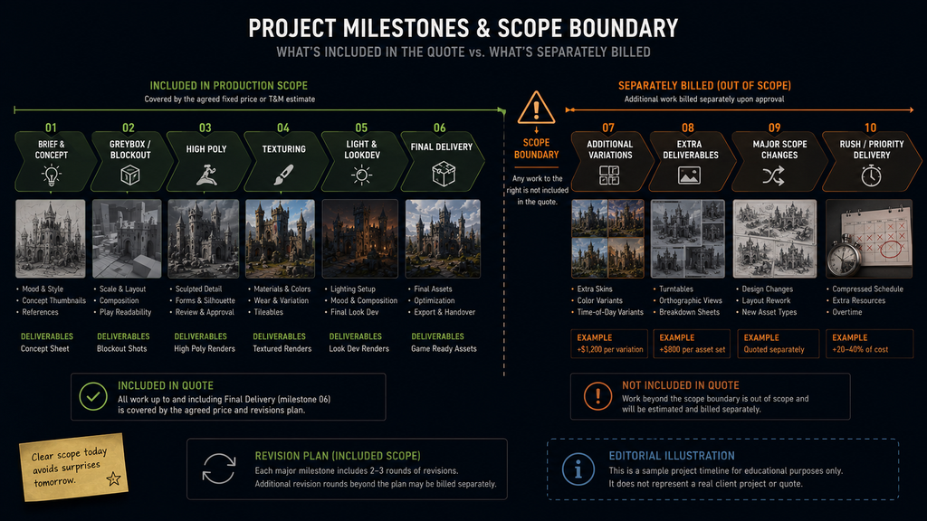 Editorial illustration of a milestone timeline showing a boundary between included production scope and separately billed additional work