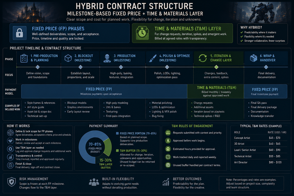 Milestone-based hybrid contract structure combining fixed price phases with a time and materials layer