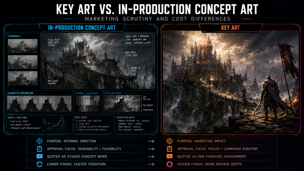 Key art versus in-production concept art: marketing scrutiny and cost differences