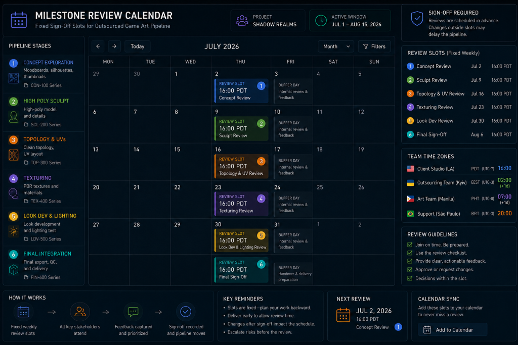 Milestone review calendar with fixed sign-off slots for outsourced game art pipeline
