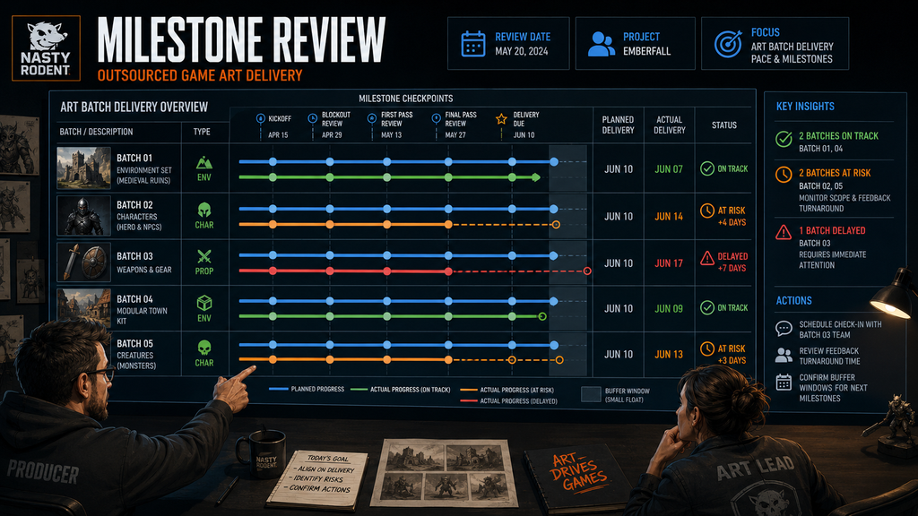Editorial illustration of a milestone review meeting comparing planned versus actual delivery pace for outsourced game art batches