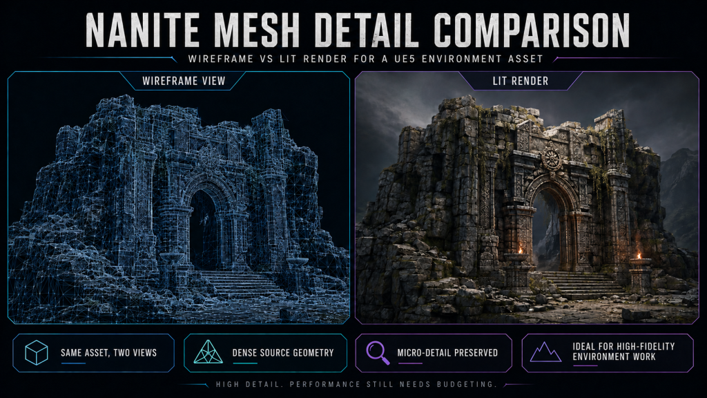 Side-by-side wireframe and lit render of a UE5 stone-arch environment asset showing Nanite mesh detail