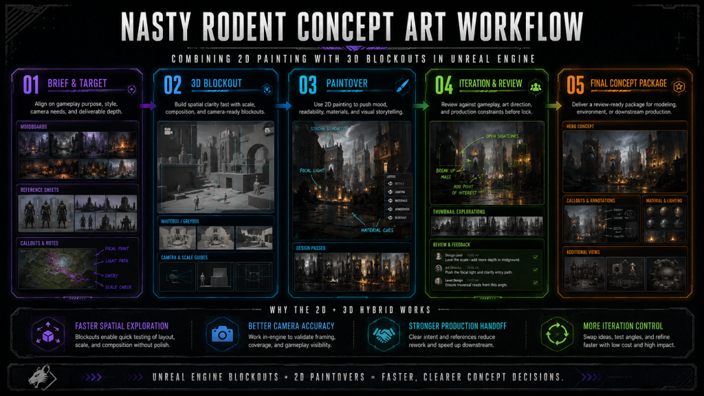 Nasty Rodent concept art workflow combining 2D painting with 3D blockouts in Unreal Engine