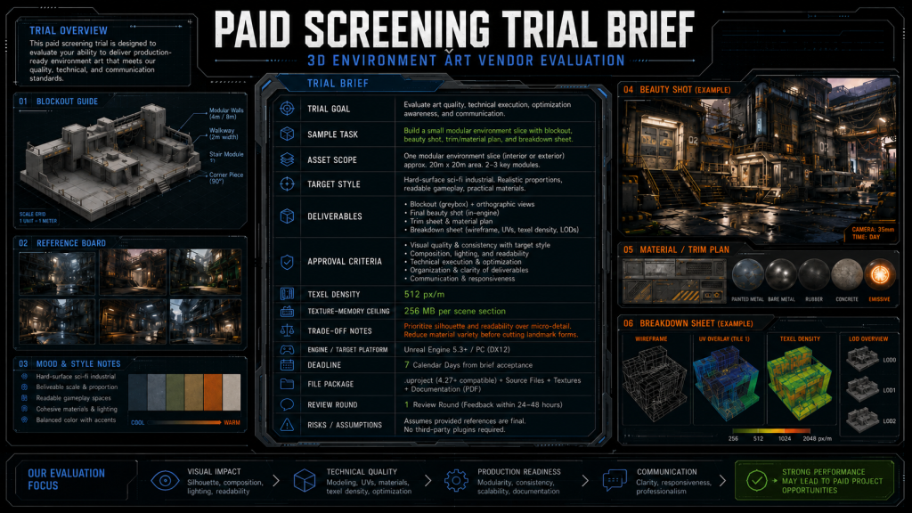 Paid screening trial brief example for 3D environment art vendor evaluation