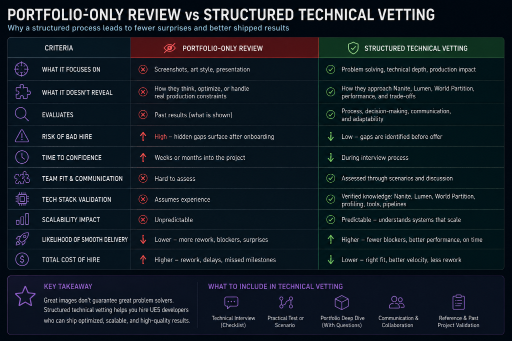 Comparison table of portfolio-only review versus structured technical vetting for hiring a UE5 developer