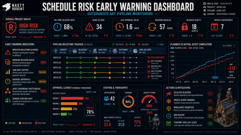 Editorial illustration of a dashboard showing early warning indicators for schedule risk in an outsourced art production pipeline