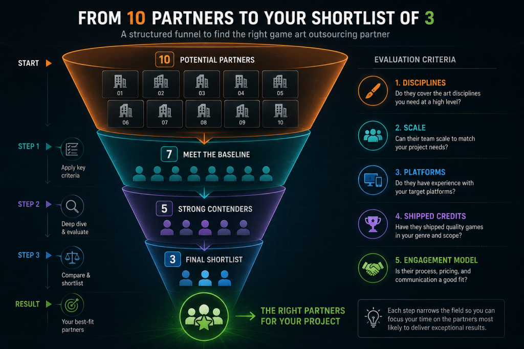 Funnel narrowing ten game art outsourcing companies to a shortlist of three