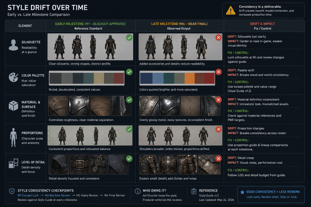 Style guide comparison showing drift between early and late milestones in outsourced art