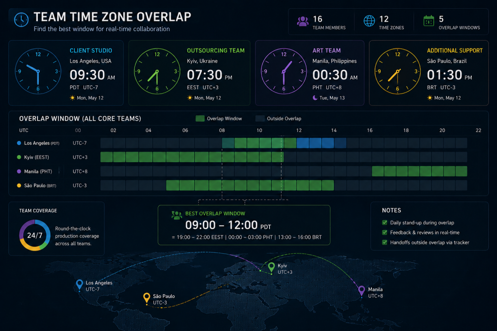 World clock dashboard showing overlap window between a game art outsourcing team and client studio time zones