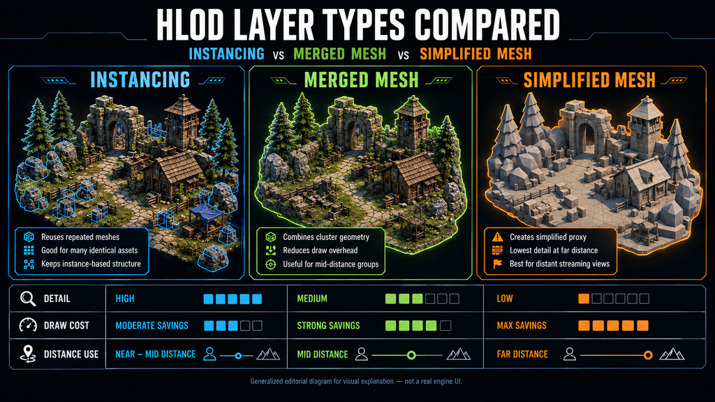 Comparison of Instancing, Merged Mesh, and Simplified Mesh HLOD layer types in Unreal Engine 5