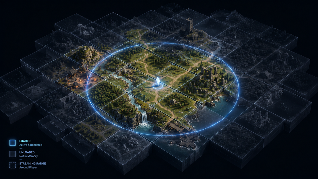 UE5 World Partition streaming grid with loaded and unloaded cells around a player position