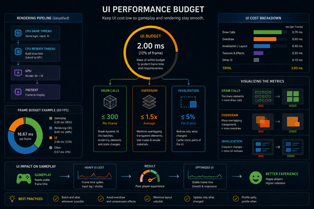 UI performance budget diagram: draw calls, overdraw, and invalidation in a game interface