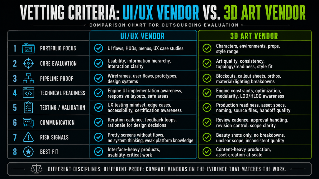 Comparison chart: vetting criteria for a UI/UX vendor versus a 3D art vendor
