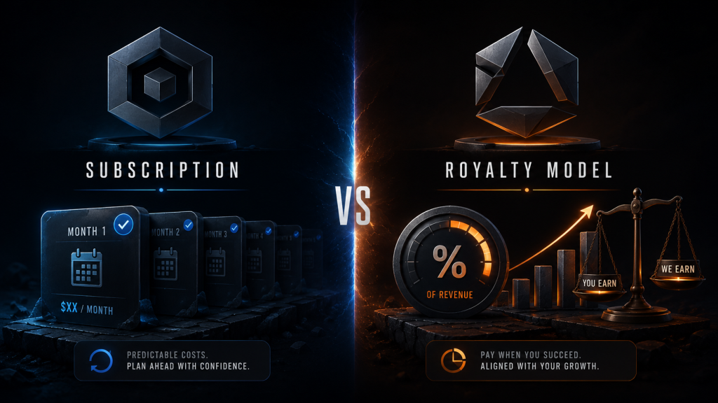 Unity subscription pricing versus Unreal Engine royalty model comparison illustration
