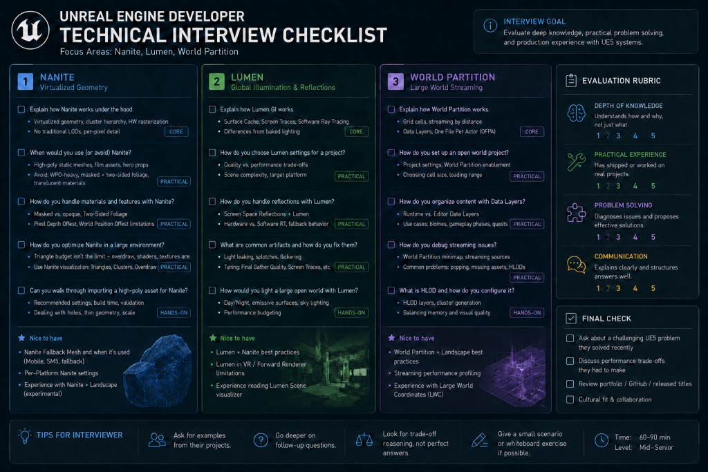 Technical interview checklist for vetting an Unreal Engine developer, covering Nanite, Lumen and World Partition with a scoring rubric