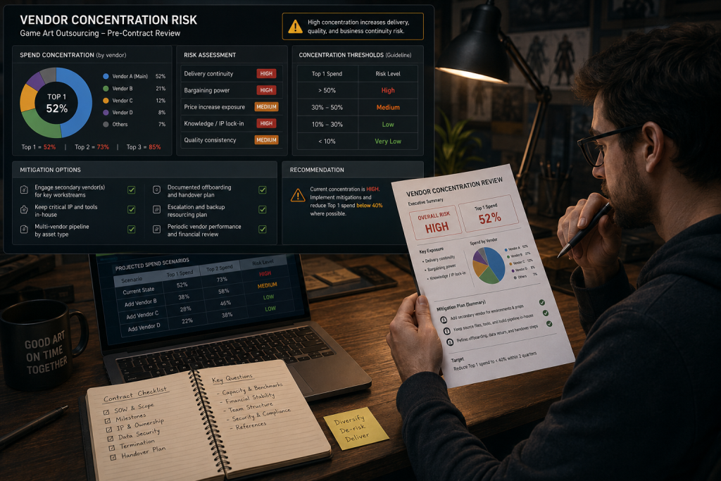 Producer reviewing vendor concentration risk before signing a game art outsourcing contract
