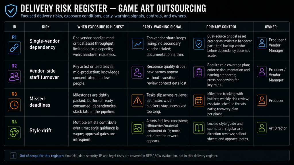 Risk register table for game art outsourcing showing likelihood, impact, and control columns