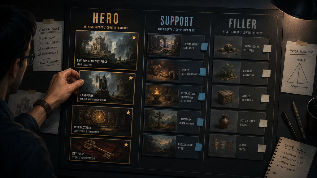 Producer sorting a vertical slice asset list into hero, support, and filler tiers on a production board