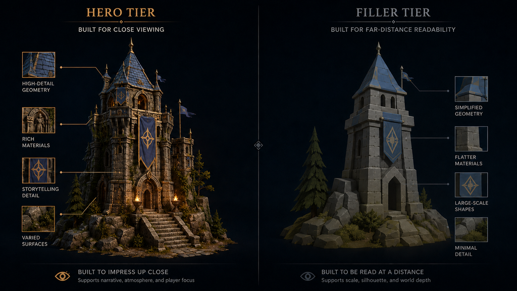 Side-by-side comparison of a hero-tier 3D asset at full fidelity and a filler-tier asset built for distance-only readability
