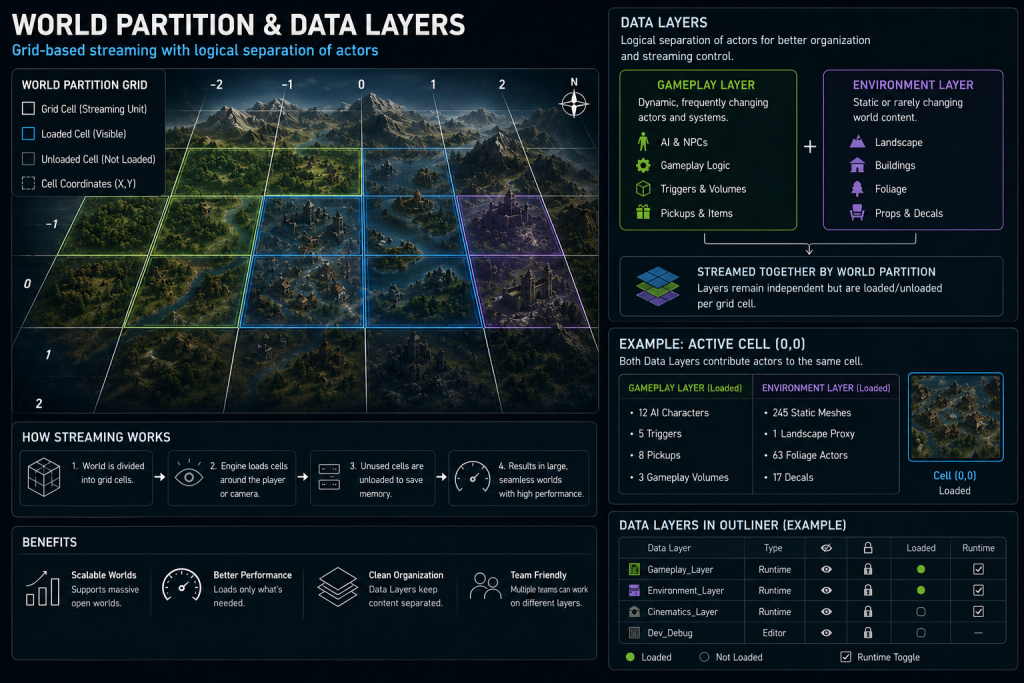 World Partition grid streaming diagram showing Data Layers separating gameplay and environment actors in UE5