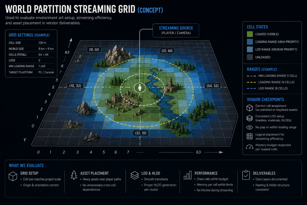 World Partition streaming grid diagram used to vet a game art outsourcing vendor