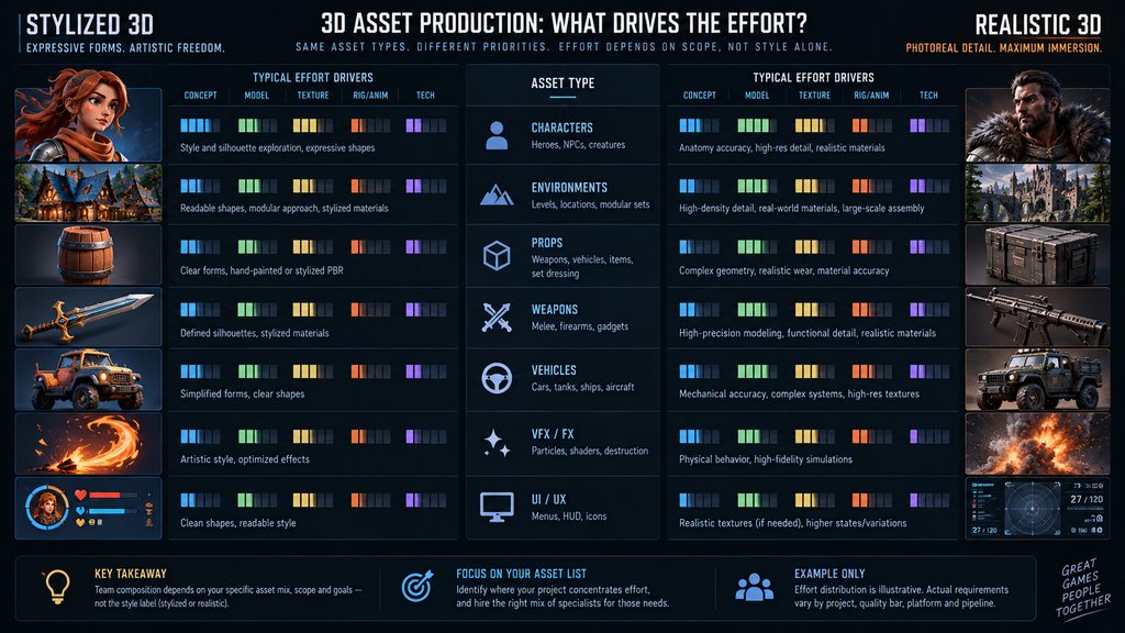 Illustrative effort-driver comparison for representative 3D asset types by production approach