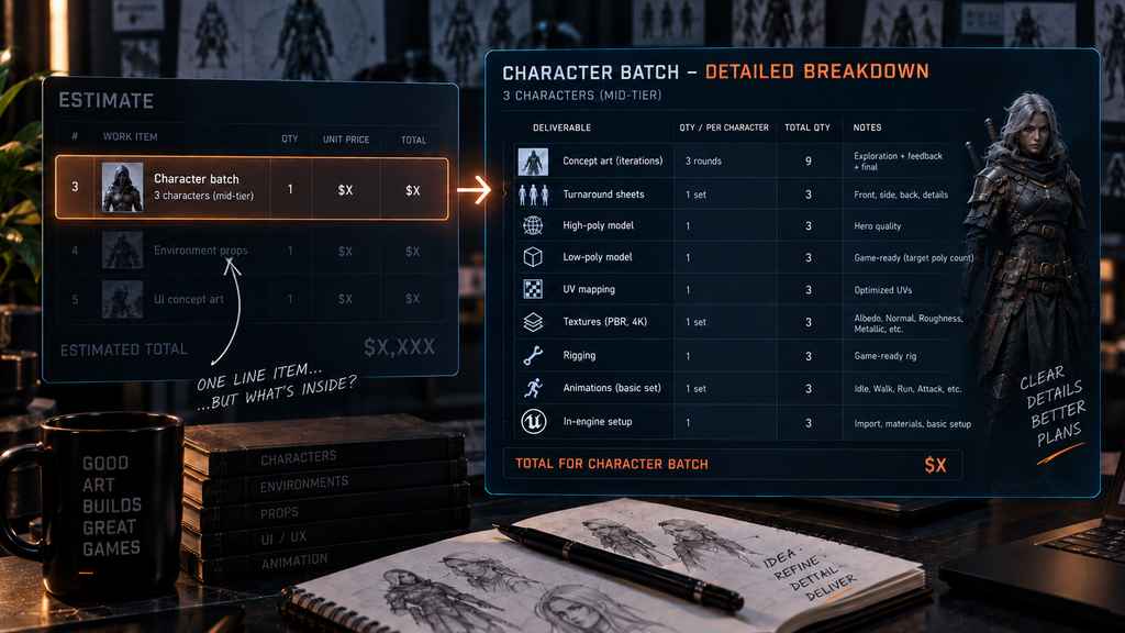 Close-up of a single ambiguous line item ("character batch – $X") expanded into its component deliverables