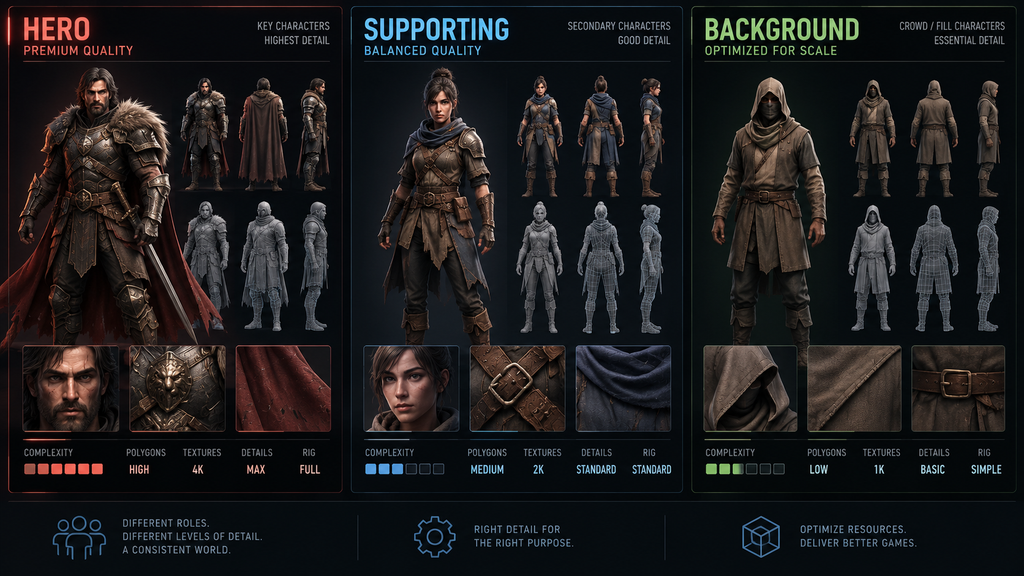 Hero, supporting, and background character tiers compared across anatomy and complexity classes