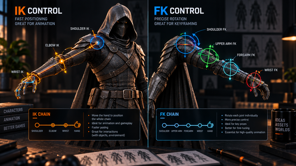 IK and FK control setups shown side by side on the same character limb
