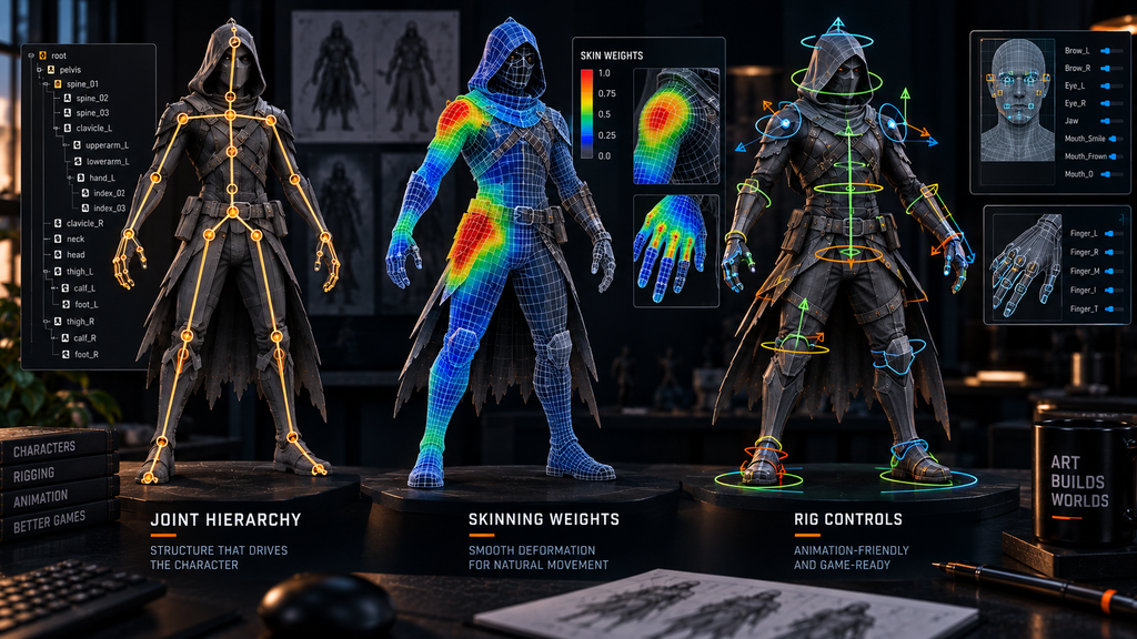 Character rig showing joint hierarchy, skinning weights, and control handles on a stylized game character