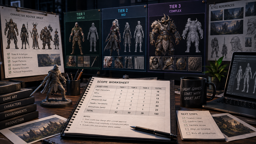 Character roster brief being broken down into production tiers and a scope worksheet