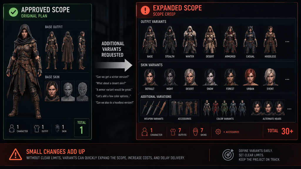 Variant creep example showing outfit and skin variants inflating a character roster beyond approved scope
