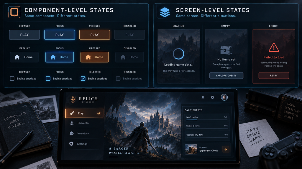Example of component-level UI states (default, focus, pressed, disabled) versus screen-level states (loading, empty, error) on a single game menu