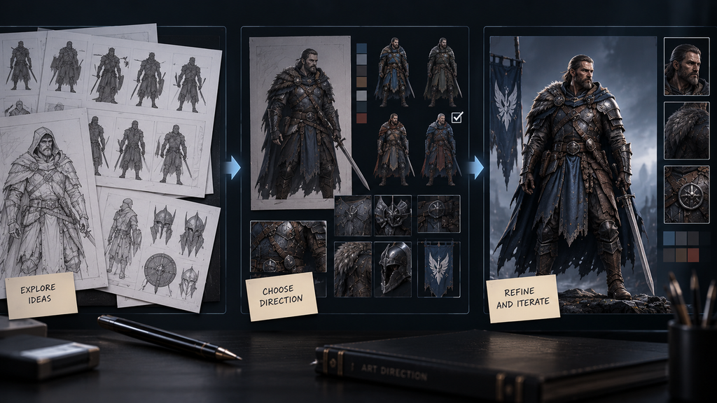 Concept art brief moving through exploration, direction, and refinement iteration stages