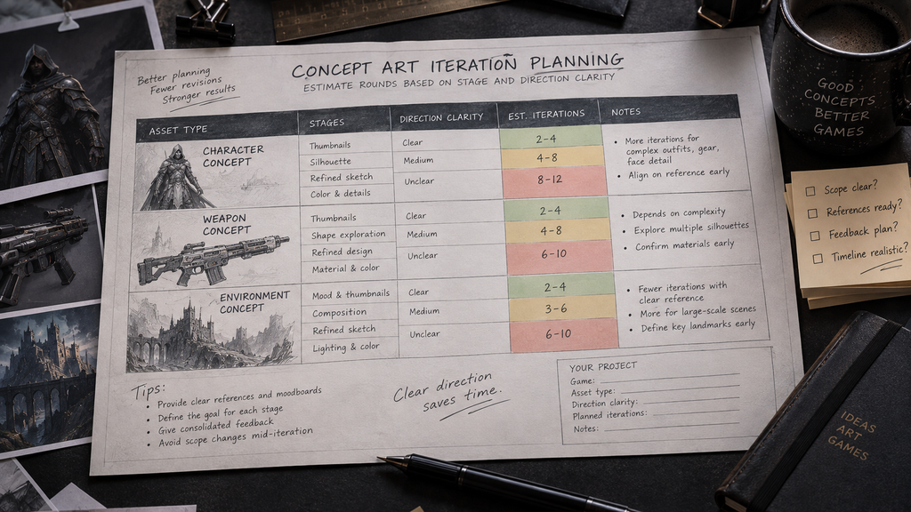 Worksheet planning concept art iteration rounds by stage and direction clarity