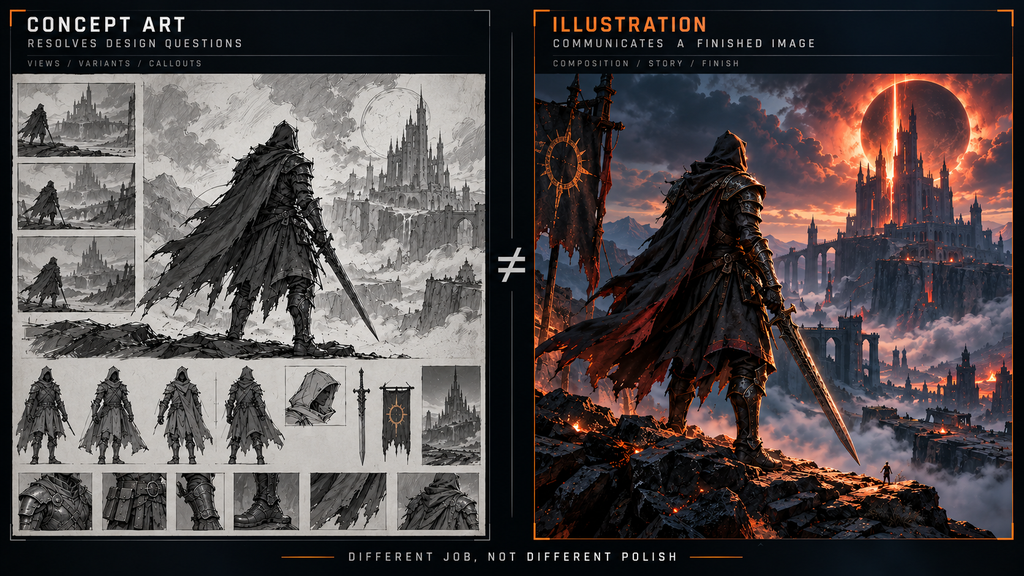 Side-by-side comparison of concept art sketch and finished game illustration, game production