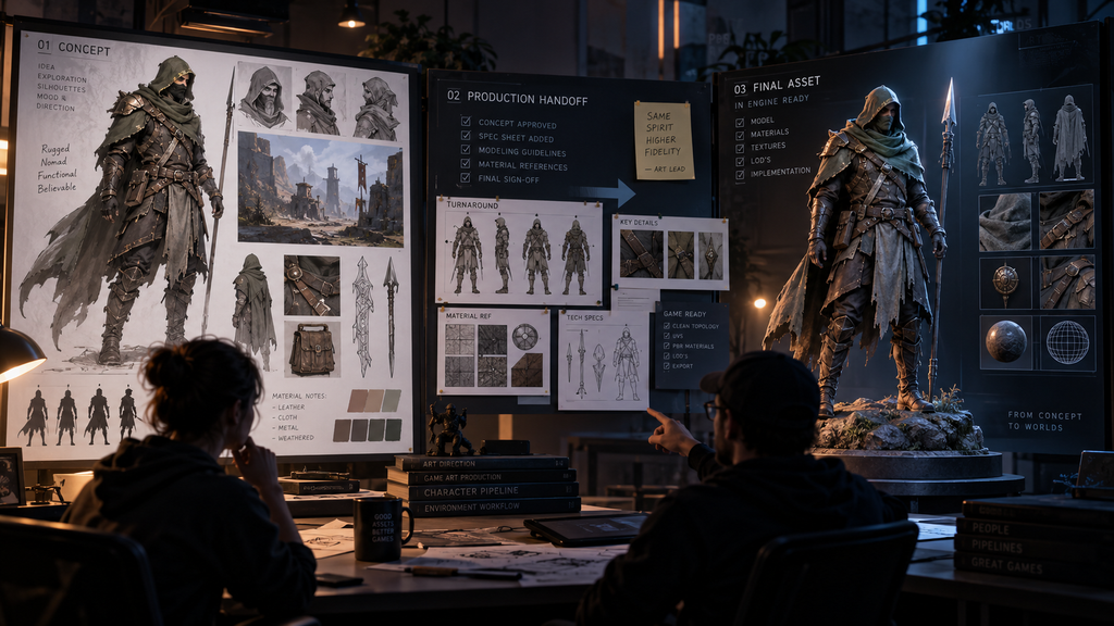 Concept art to final asset handoff during the production phase of a game pipeline
