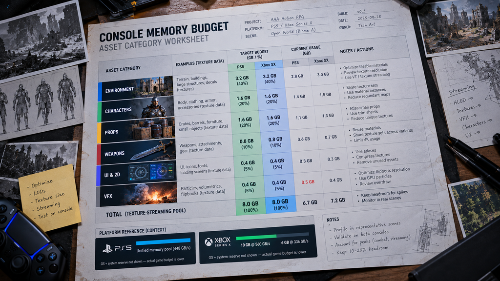 Technical brief worksheet for console memory budget allocation by asset category