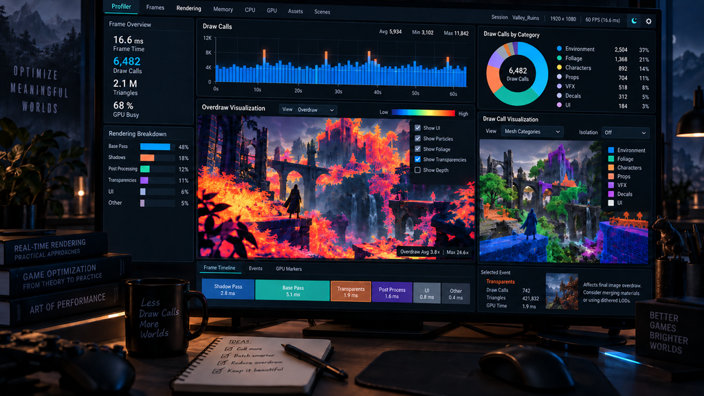 Draw call and overdraw visualization in a game engine profiler