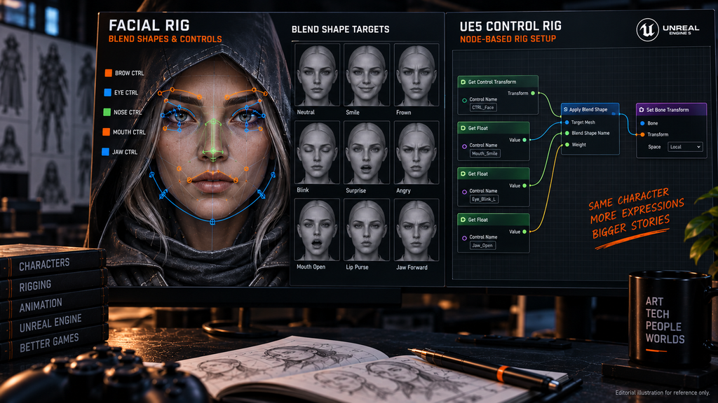 Facial rig with blend shape targets for expressions, next to a UE5 Control Rig graph