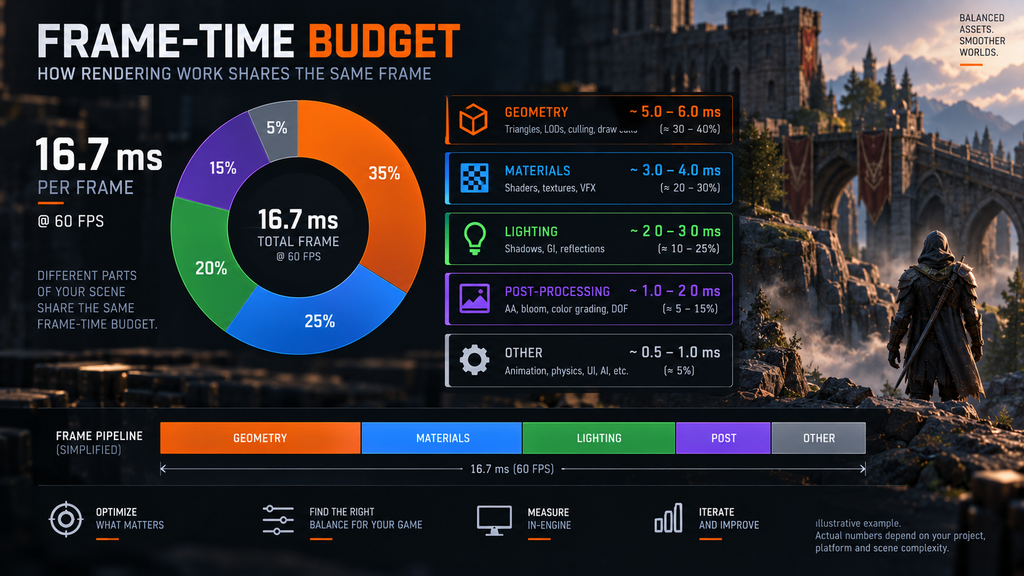 Frame-time budget breakdown – geometry, materials, and lighting sharing the same frame