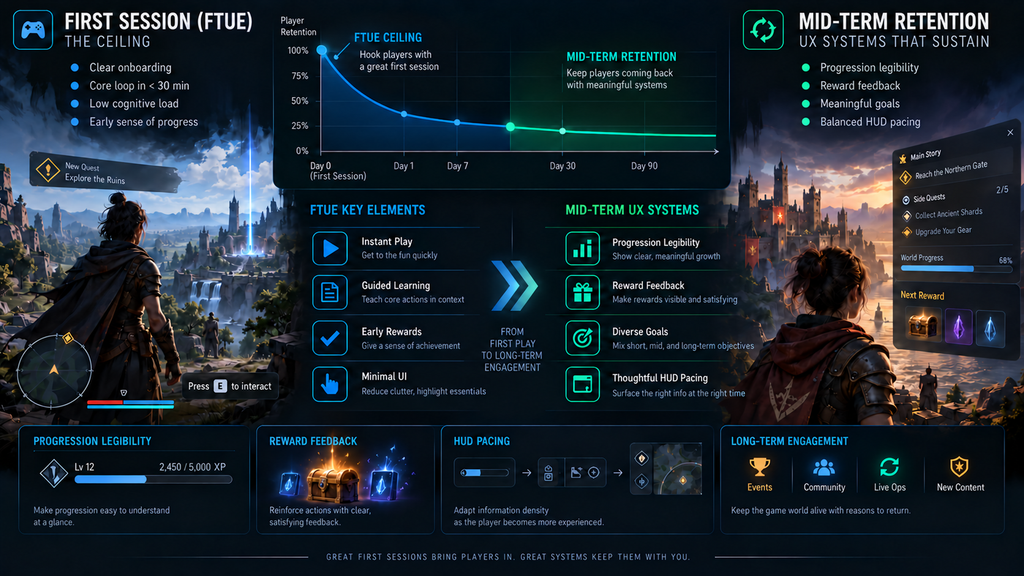 Diagram comparing the first-session FTUE ceiling against mid-term retention UX systems: progression legibility, reward feedback, and HUD pacing