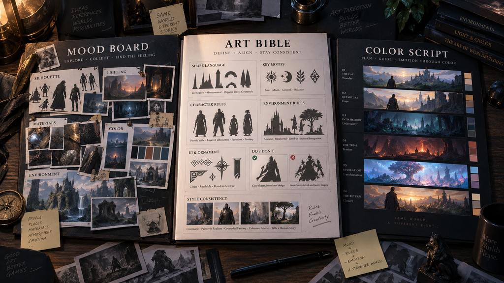 Mood board, art bible, and color script shown as three related but distinct game art production documents